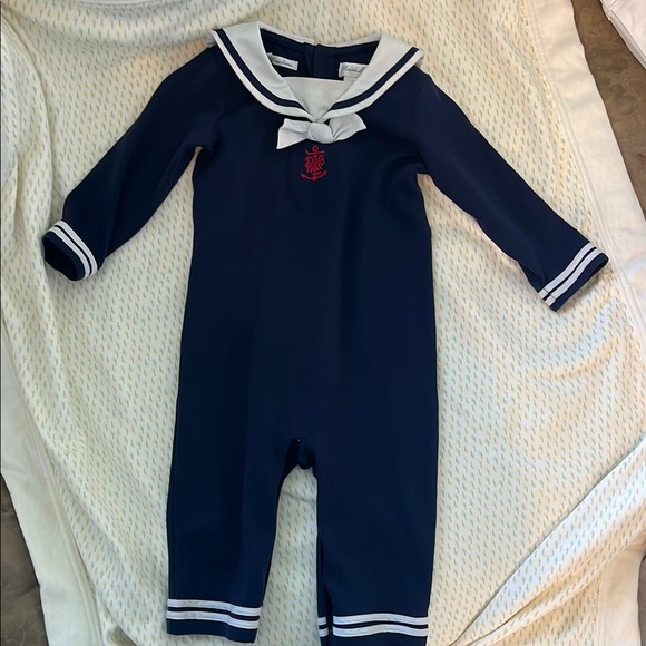 Vintage Ralph Lauren One Piece Nautical Onesie Bow Tie Embroidered RL Logo 9 mos - Picture 1 of 8